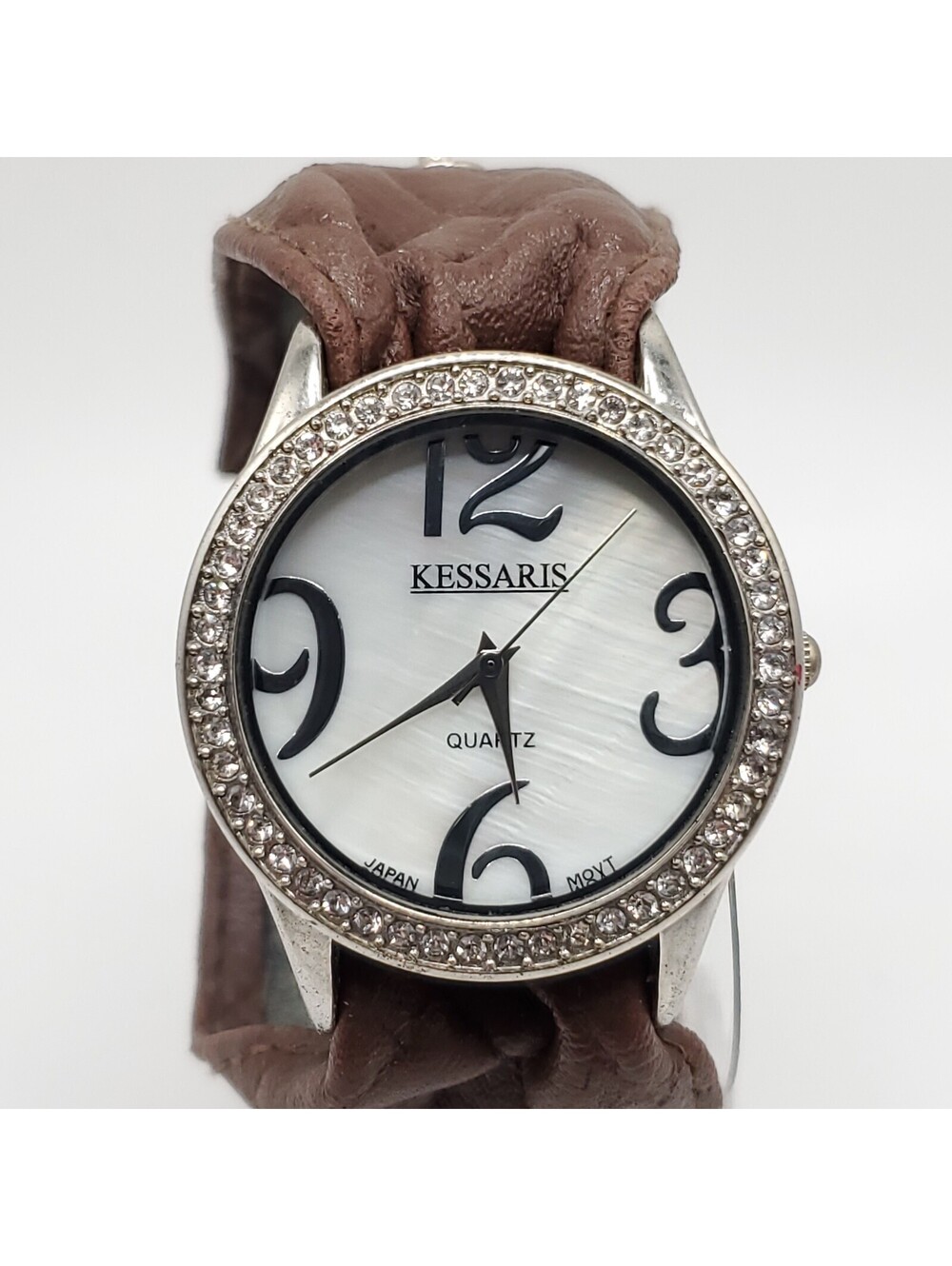 Kessaris Rhinestone Bezel Watch Women 35mm MOP Dial Silver Tone New Battery